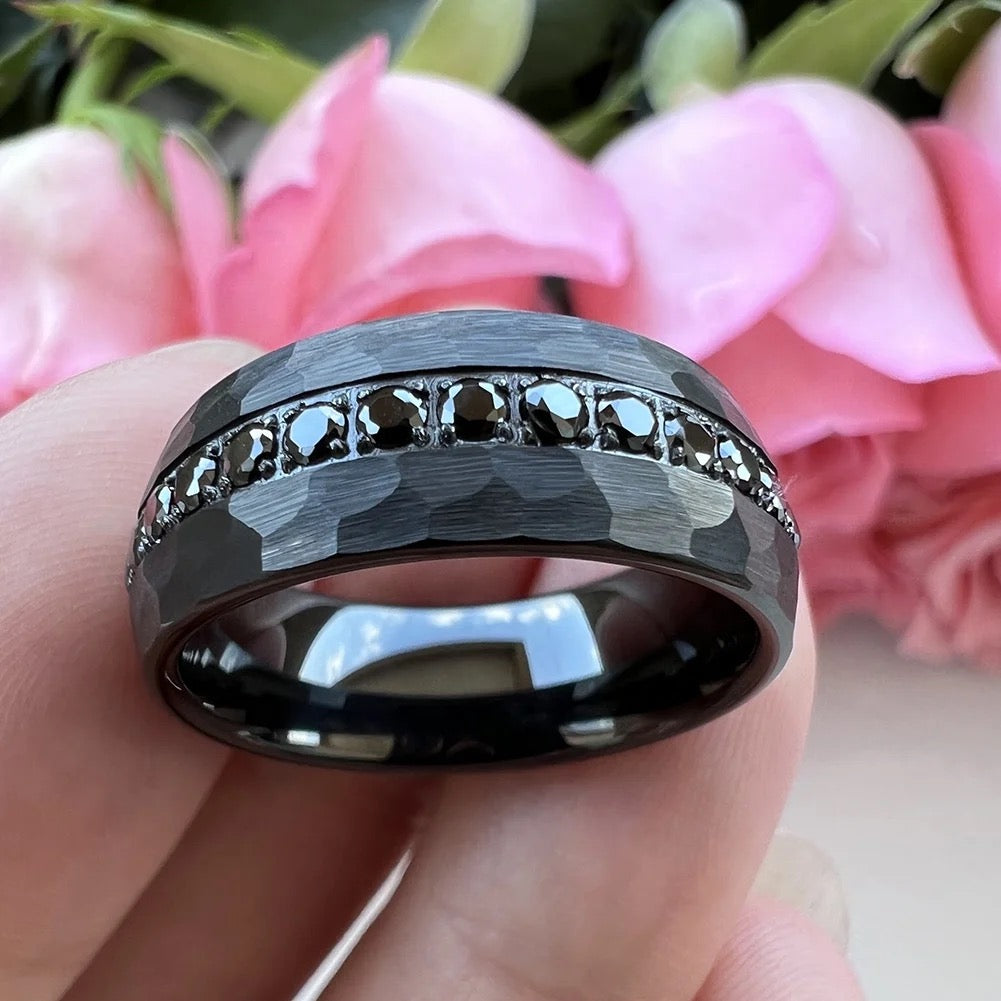 Black Diamond Tungsten Ring Hammered