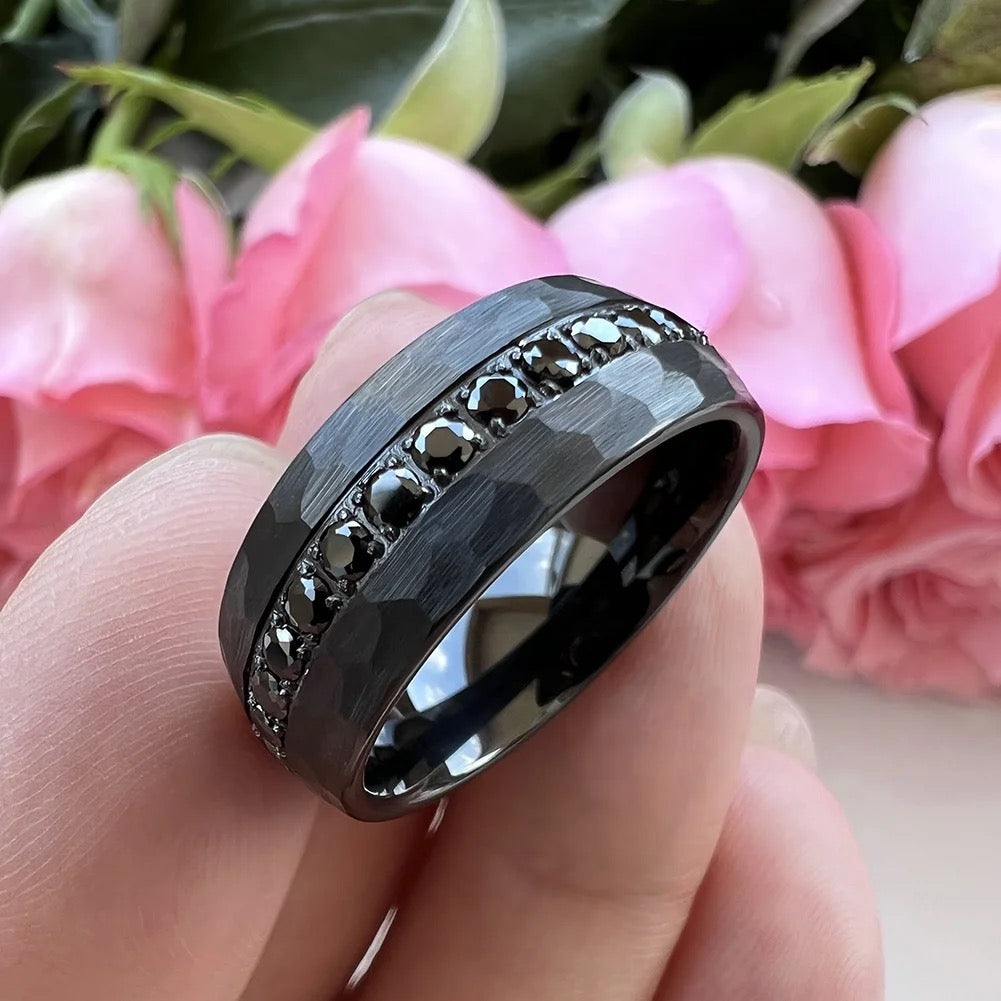 Black Diamond Tungsten Ring Hammered