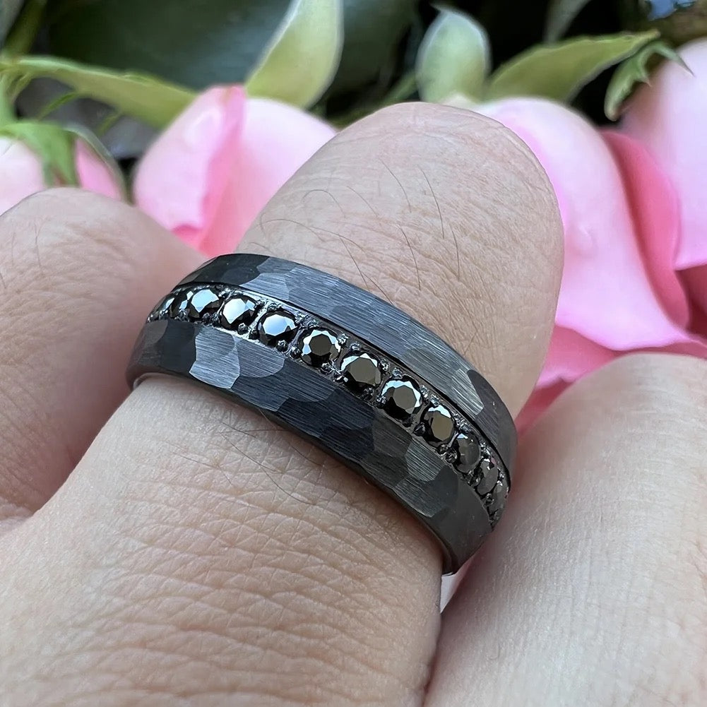 Black Diamond Tungsten Ring Hammered